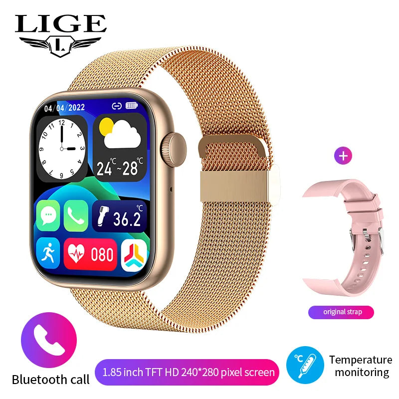 New Women Smart Watch 1.85 Full Touch Bluetooth Call Smart Wristwatch Body Temperature Watch Sports Bracelet Men Smartwatch